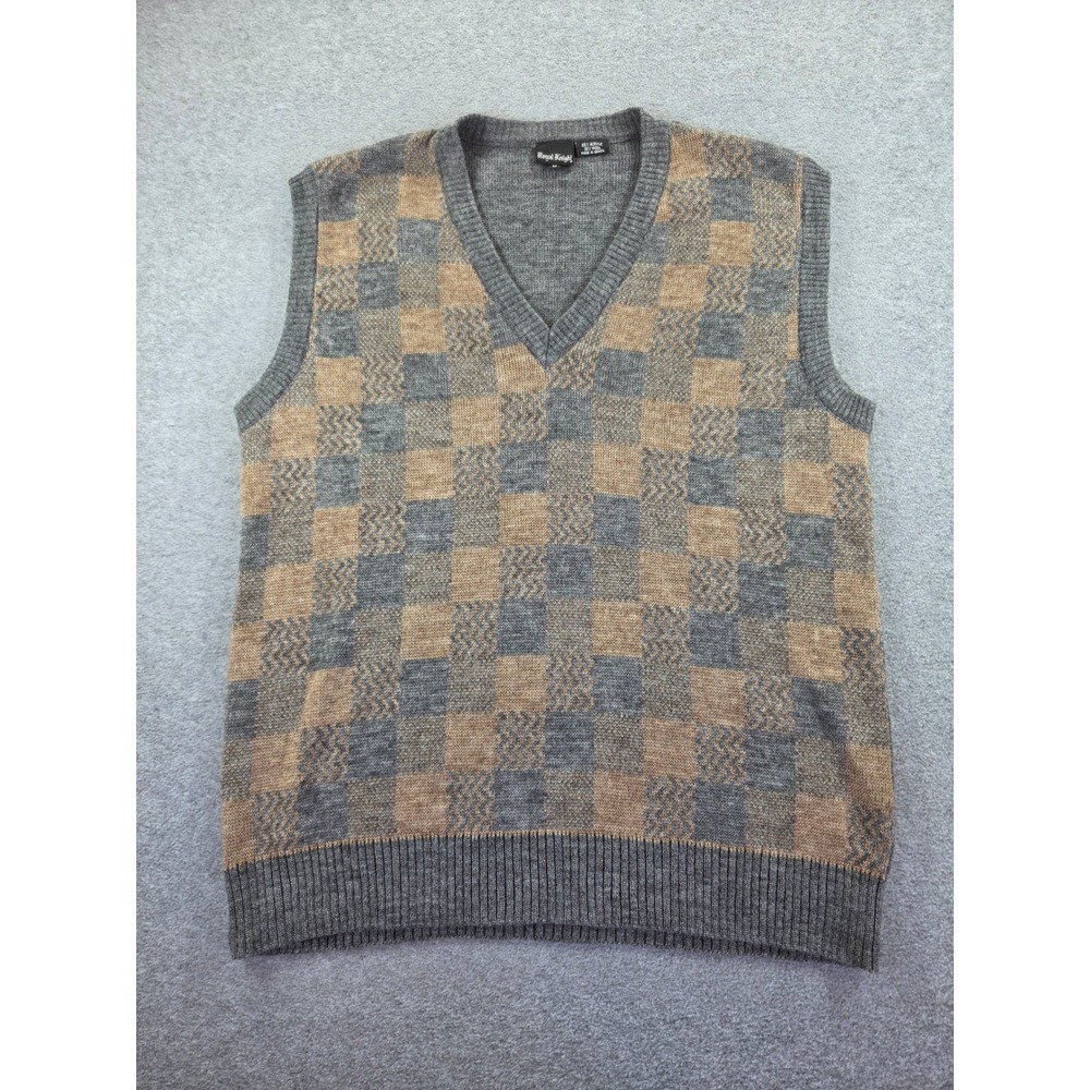 Royal Knight Vintage Checkered V-Neck Sweater Vest Gray Tan Medium Wool Blend